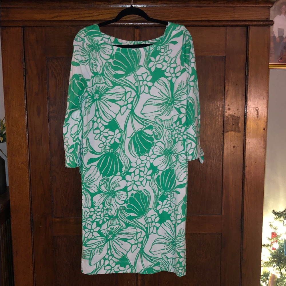 Lilly Pulitzer Lidia 3/4 Sleeve Boat Neck Dress Spearmint  Kiss My Tulips Large